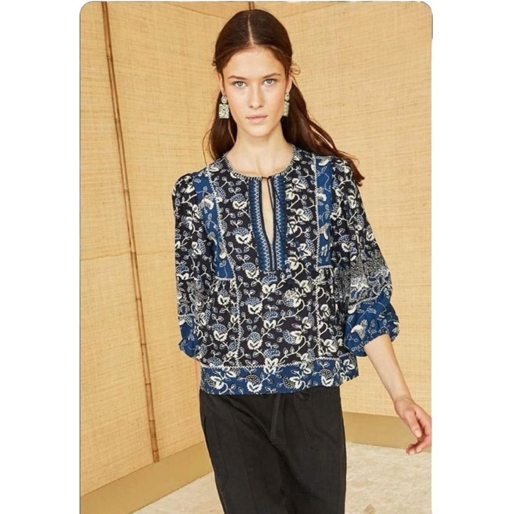 Ulla Johnson Navy and White Floral Split-Neck Blouse